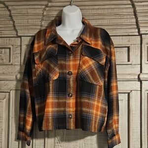 Democracy Plaid Flannel Button-Up Shirt in Orange and Black